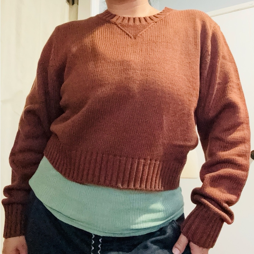 Double Zero Women‎ Brown Long Sleeves Cozy Cropped Relaxed Sweater Size Medium
